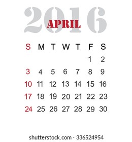 Calendar for 2016 April vector design template