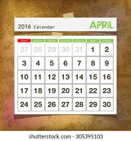 Calendar 2016 April vintage paper on grunge background

