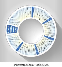 Calendar 2016 around the circle with blue accents on neutral background and drop shadow