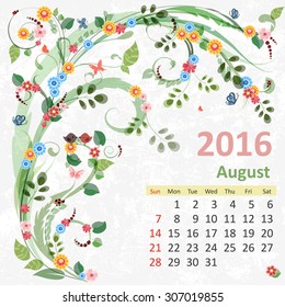 Calendar for 2016, August