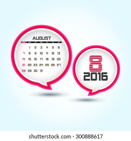 Calendar 2016 August with glossy speech bubble (week starts from Sunday)
