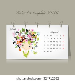 Calendar 2016, august month. Season girls design. Vector illustration