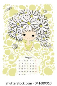 Calendar 2016, august month. Season girls design. Vector illustration