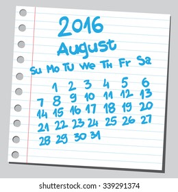Calendario 2016 agosto (estilo de esbozo) 