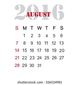 Calendar for 2016 August vector design template