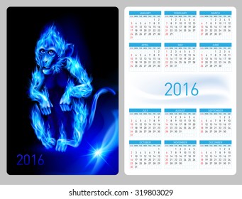 Calendar 2016 with beautiful blue fire monkey image