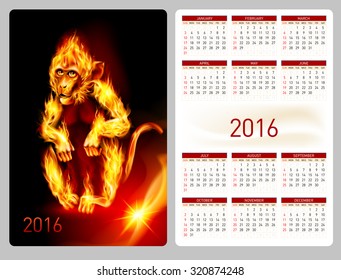 Calendar 2016 with beautiful fire monkey image