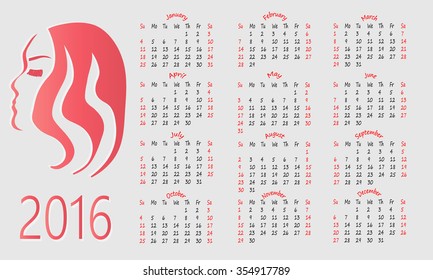 calendar 2016 for beauty salon 