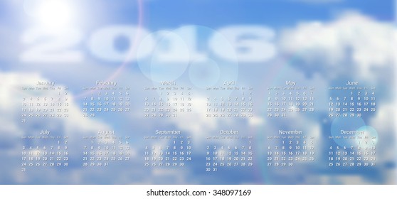 calendar 2016 with blurred clouds in background, vector illustration, eps 10 with transparency and gradient meshes