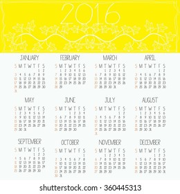 Calendar 2016 with branch and leafs background