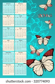 Calendar for 2016 with butterfly sketch