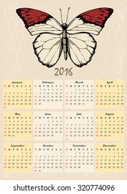 Calendar for 2016 with butterfly sketch