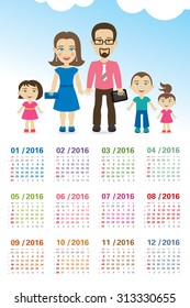Calendar 2016 with cartoon family (week begins sunday, numbers of weeks)