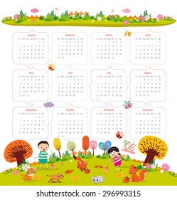 calendar for 2016 with cartoon and funny animals and kids. Hello autumn