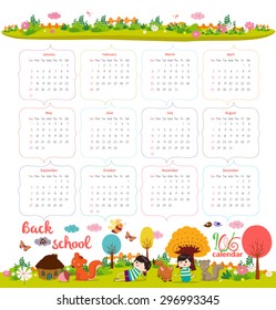 calendar for 2016 with cartoon and funny animals and kids. Hello autumn