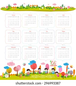 calendar for 2016 with cartoon and funny animals and kids. Hello autumn