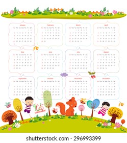 calendar for 2016 with cartoon and funny animals and kids. Hello autumn