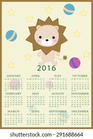 Calendar for 2016 with cartoon and funny lion toy. Vector illustration in cute childish style.