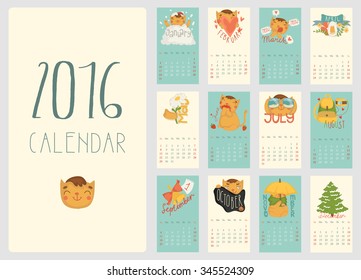 Calendar for 2016 with a cheerful red cat. Vector illustration