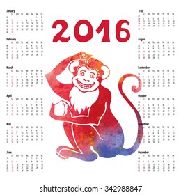 Calendar 2016 with Chinese zodiac Monkey in watercolor texture.Sign,symbol,icon icon.New year holiday Vector.Artistic background.Week starts from sunday,american.