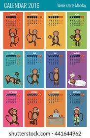 Calendar for 2016 with chinese zodiac Monkey. Funny monkey cartoon character. Vector