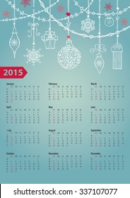 Calendar 2016 with Christmas ball ,garlands,gifts.Ornate swirling decor.New year holiday Vector background.Week starts from sunday,american.Vertical