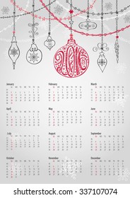 Calendar 2016 with Christmas ball and garlands.Ornate swirling decor.Ball with handwriting lettering.New year holiday Vector background.Week starts from sunday,american.Vertical