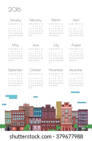 Calendar 2016 with the city in a linear style. Week starts on Sunday