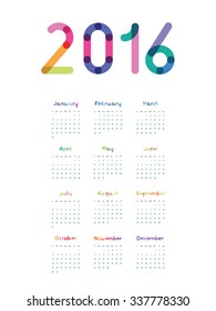 calendar for 2016 with a color number