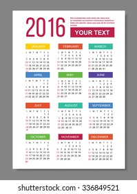 Calendar 2016 colorful, metro style, vector eps10 illustration