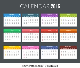 Calendar 2016 colorful template in flat style mobile user interface, calendar 2016, flat calendar 2016 year