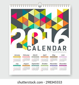 Calendar 2016, colorful triangle geometric template design background, vector illustration