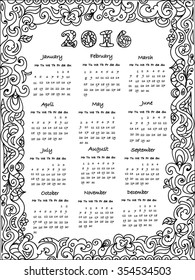 Calendar  2016  coloring page 