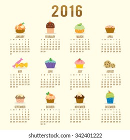 Calendar 2016 Cupcake Cartoon Cute Vector