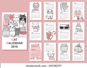 Calendar 2016. Cute cats for every month. Vector. Isolated.