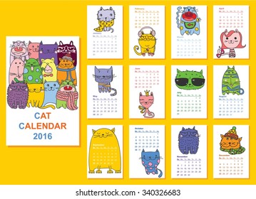 Calendar 2016. Cute cats for every month. Vector. Isolated.