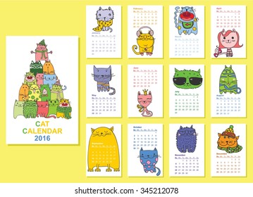 Calendar 2016. Cute cats for every month. Vector. Isolated.