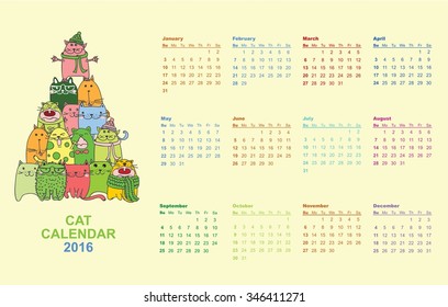 Calendar 2016. Cute cats for every month. Vector. Isolated.