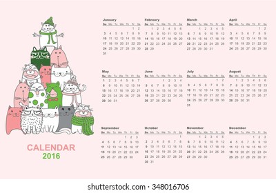 Calendar 2016. Cute cats for every month. Vector. Isolated.