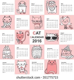 Calendar 2016. Cute cats for every month. Vector. Isolated.