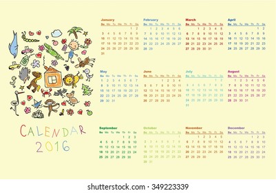 Calendar 2016. Cute doodle animals for every month. Vector. Isolated.