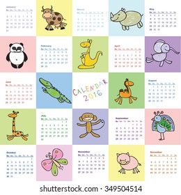 Calendar 2016. Cute doodle animals for every month. Vector. Isolated.