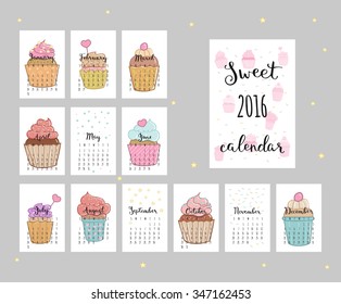 Calendar 2016 with cute illustration cupcake.