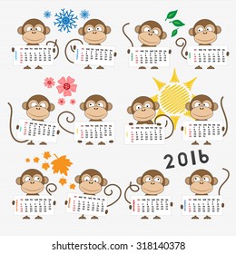 Calendar 2016 with cute monkeys for your design. Week starts on Sunday