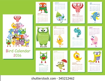 Calendar 2016. Cute owls  and birds for every month. Vector. Isolated.