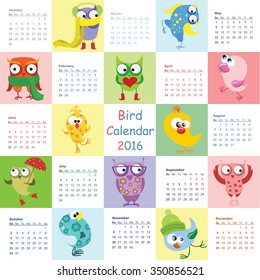 Calendar 2016. Cute owls and birds for every month. Vector. Isolated.