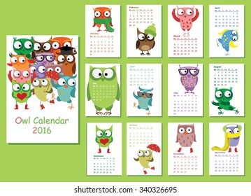 Calendar 2016. Cute owls for every month. Vector. Isolated.