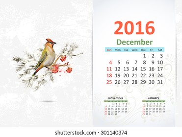 Calendar for 2016, December