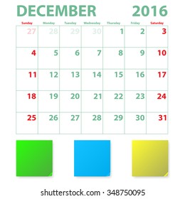 Calendar 2016 December monthly plan vector illustration