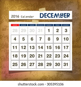 Calendar 2016 December vintage paper on grunge background
